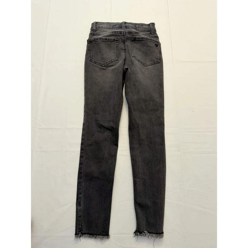Justice‎ Jeans Girls 10 Slim Gray Skinny Distressed Button Fly Raw Hem Stretch